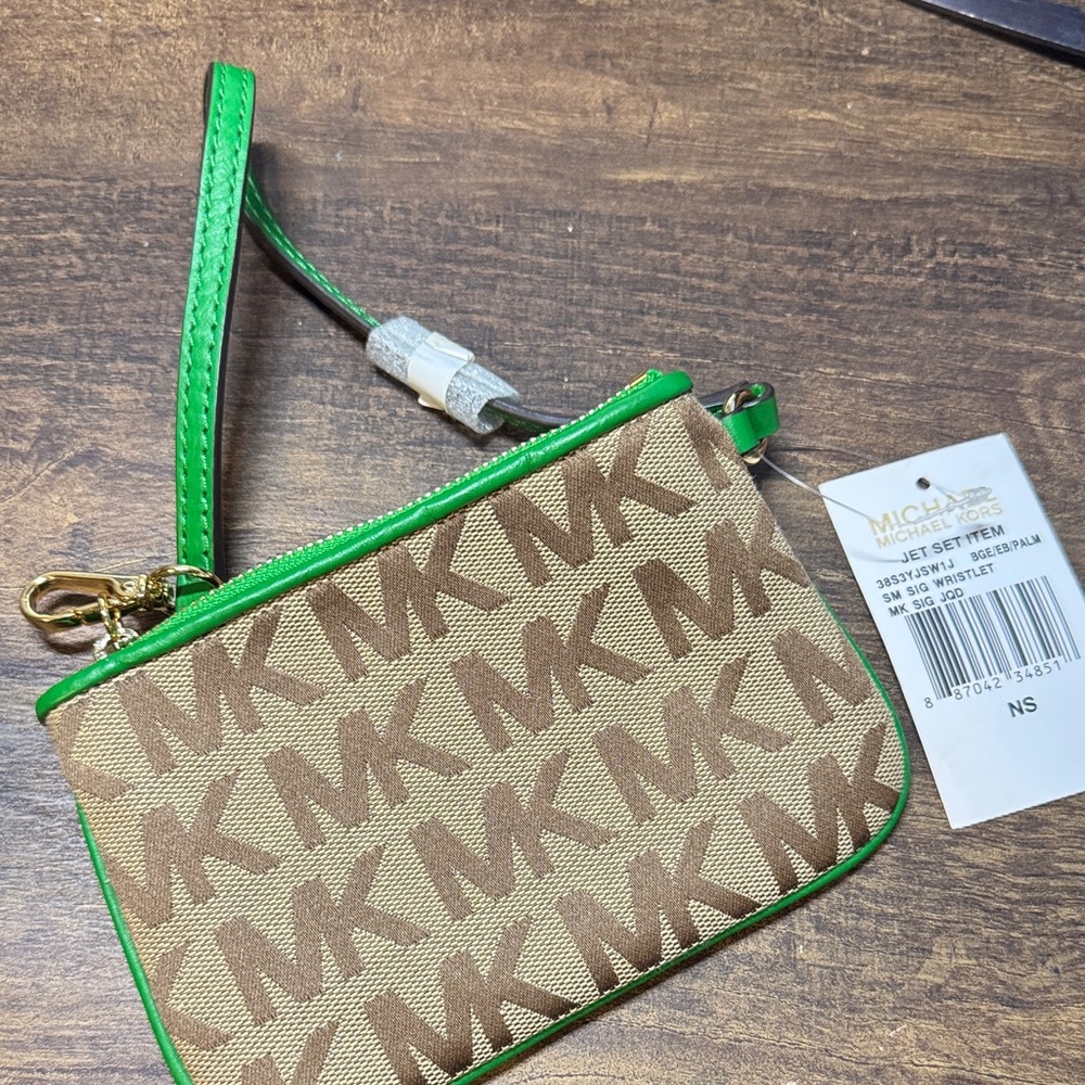 Michael Kors Tan and Green Logo Wristlet